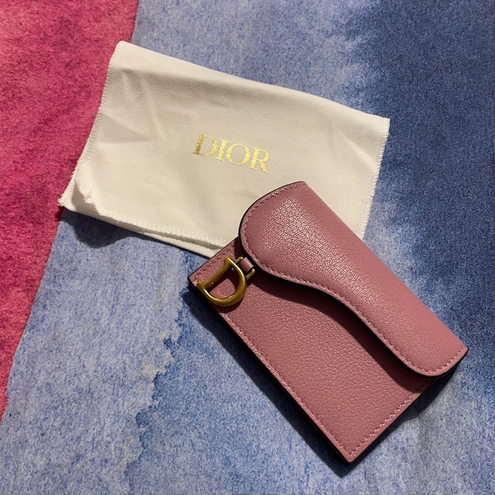 Dior Rose Pink Leather Key & Card Holder with Gold 'D' Charm